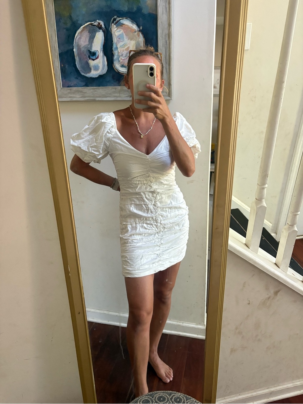 HYFVE White Puff-Sleeve Ruched V-Neck Mini Dress